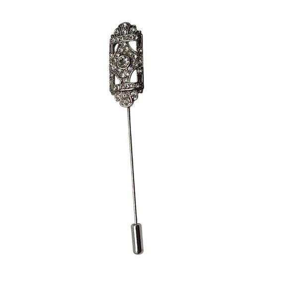 Vintage Silver Tone Clear Rhinestone Stick Pin Brooch With Art Deco Design - Picture 1 of 5